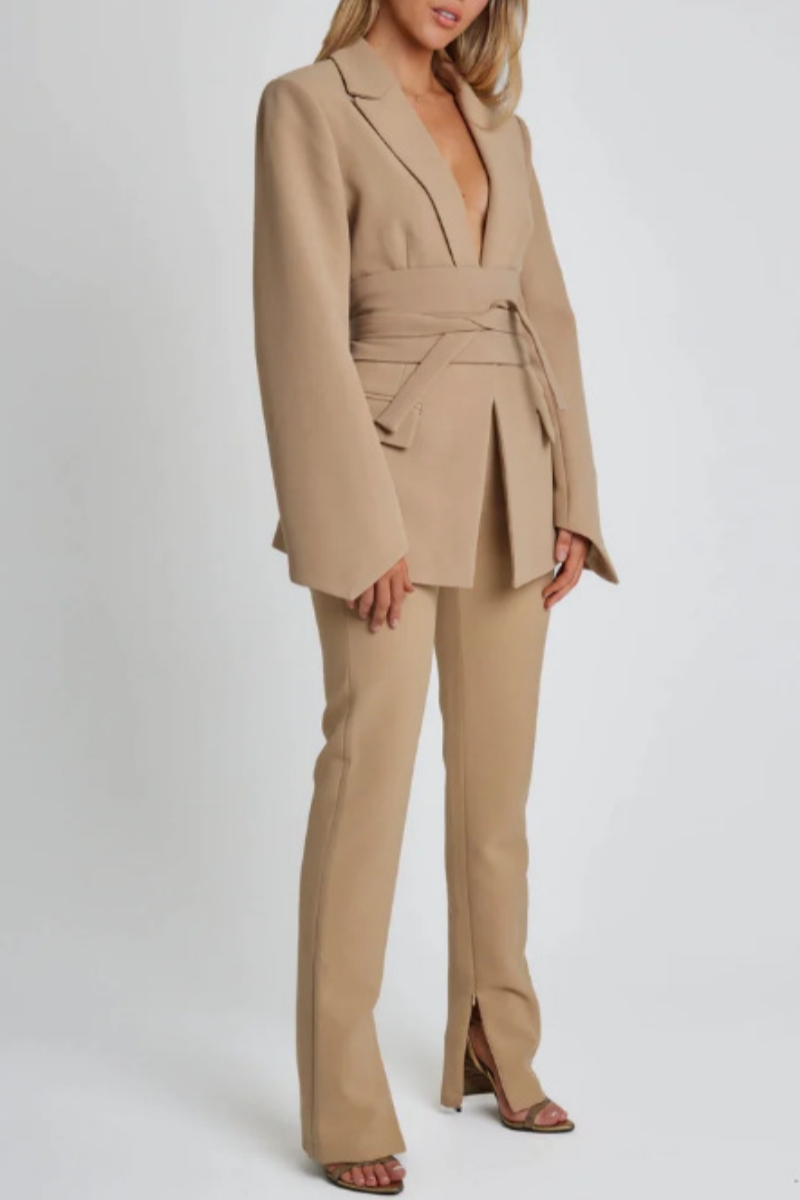 Solid Peak Collar Blazer & Seam Front Suit Pants Set