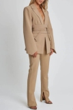 White Turn-back Collar Long Sleeve Belted Blazer Jackets And Pants Casual Two Pieces Suit Sets