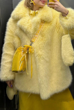 Yellow Casual Turndown Collar Long Sleeve Cardigan Faux Fox Fur Coat