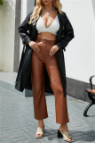 Off White Belted Turndown Collar Long Sleeve Casual Long Loose Jacket Pu Leather Windbreaker