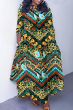 Light Brown Floral Print O Neck 3/4 Sleeve Strap Design Belted Floor Length Plus Size Vacation Loose A Line Maxi Dress