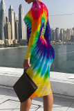 Purple Tie Dye Print V Neck Long Sleeve Casual Outing Bodycon Pencil Midi Dress