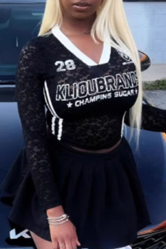 Black Letter Print V Neck Long Sleeve See-Through Lace Crop Tops