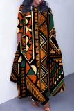 Khaki African Graphics Print O Neck 3/4 Sleeve Strap Design Belted Floor Length Plus Size Vacation Loose A Line Maxi Dress
