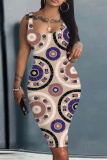 Light Brown Graphics Print U Neck Sleeveless Vacation Bodycon Midi Tank Dress