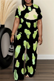 Red Graphics Print O Neck Short Sleeve Oversize T-shirt And Wide Leg Pants Casual Two Pieces Trouser Sets