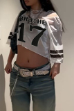 Black Digital Letter Print V Neck Casual Sportwear Lace Crop T-Shirts