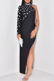 Black Hot Drill Half A Turtleneck Slit Long Party Formal Evening Bodycon Maxi Dresses