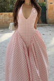 Pink Plaid Print Sleeveless Backless Lace Up Pleated Halter Maxi Dresses