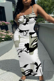Orange Graphics Print Backless Spaghetti Strap Bodycorn Vacation Long Maxi Slip Dresses