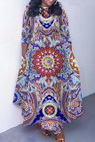 Light Brown Floral Print O Neck 3/4 Sleeve Strap Design Belted Floor Length Plus Size Vacation Loose A Line Maxi Dress