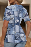 Blue Khaki Faux Denim Print V Neck Short Sleeve Slit Casual Oversize T-Shirts