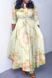 Light Brown Floral Print O Neck 3/4 Sleeve Strap Design Belted Floor Length Plus Size Vacation Loose A Line Maxi Dress