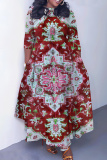 Light Green Floral Print O Neck 3/4 Sleeve Strap Design Belted Floor Length Plus Size Vacation Loose A Line Maxi Dress