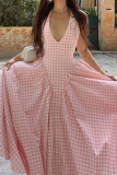 Pink Plaid Print Sleeveless Backless Lace Up Pleated Halter Maxi Dresses