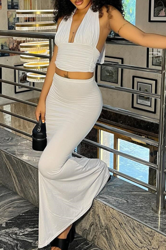 Black Sleeveless Backless Deep V Neck Ruched Crop Tops And Maxi Skirt Formal Evening Party Prom Two Pieces Dress Sets