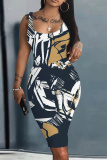 Light Brown Graphics Print U Neck Sleeveless Vacation Bodycon Midi Tank Dress