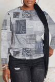 Blue Graphics Print Round Neck Long Sleeve Fall Winter Sweatshirt Tops