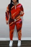 Orange Graphics Print Zipper Collar Long Sleeve Sweatshirt And Pants Sportwear Casual Two Pieces Jogger Sets