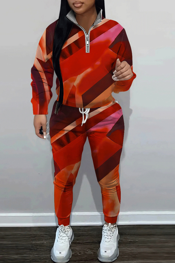 Orange Graphics Print Zipper Collar Long Sleeve Sweatshirt And Pants Sportwear Casual Two Pieces Jogger Sets