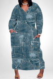 Black White Geometric Faux Denim Print Casual V Neck Long Sleeve Ankle Length Casual Outing Plus Size Straight Loose Maxi Dress