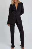 White Turn-back Collar Long Sleeve Belted Blazer Jackets And Pants Casual Two Pieces Suit Sets