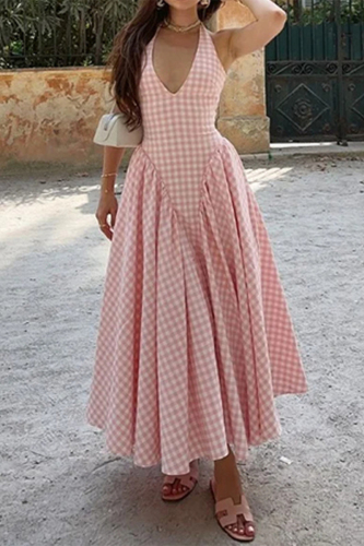 Pink Plaid Print Sleeveless Backless Lace Up Pleated Halter Maxi Dresses