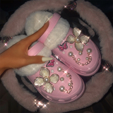 Pink Pearls Decor Butterfly Wedge Heel Thick Bottom Hole Closed Toe Sandals