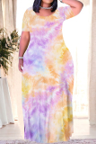 Yellow Blue Tie Dye Print Short Sleeve O Neck Floor Length Loose Vacation Baggy Maxi T-shirt Dress