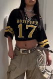 Black Digital Letter Print V Neck Casual Sportwear Lace Crop T-Shirts