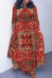 Light Green Floral Print O Neck 3/4 Sleeve Strap Design Belted Floor Length Plus Size Vacation Loose A Line Maxi Dress