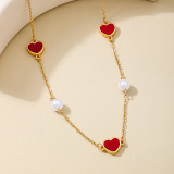 Glod Casual Metallic Red Heart Shaped Pearl Chains Necklace