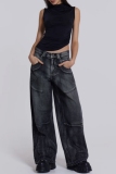 Black Hot Drill Gradient Angel Wings Print Mid Waist Straight YK2 Wide Leg Denim Jeans