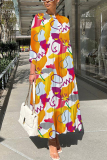 White Graphics Print O Neck 3/4 Sleeve Long Loose Vacation Casual Pleated Maxi Dresses
