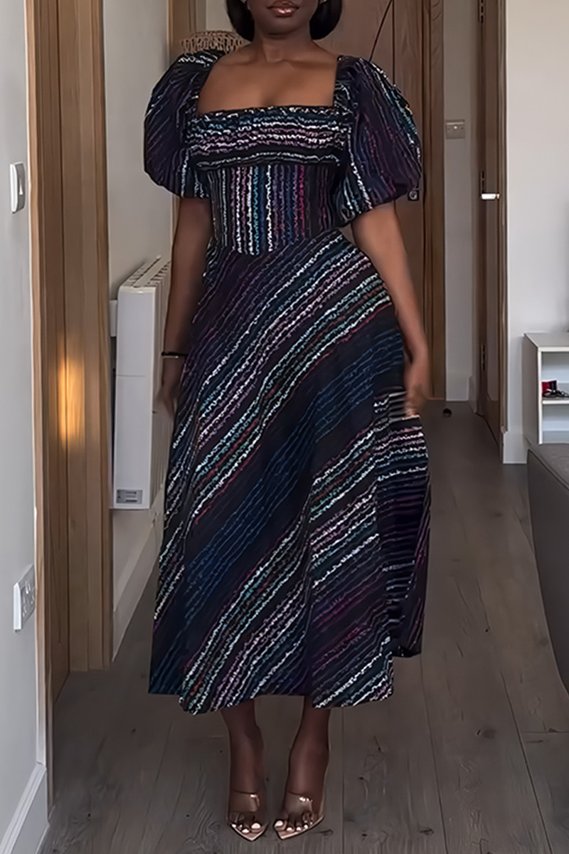 V Neck Puff Sleeves Resort Print A-line Maxi Dress