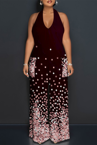 Claret Plaid Polka Dot Heart Shaped Print Lace Up Sleeveless Backless Loose Straight Leg Halter Jumpsuits