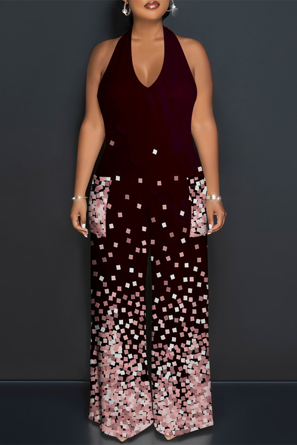 Claret Plaid Polka Dot Heart Shaped Print Lace Up Sleeveless Backless Loose Straight Leg Halter Jumpsuits