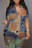Blue Khaki Faux Denim Print V Neck Short Sleeve Slit Casual Oversize T-Shirts
