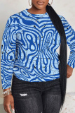 Blue Graphics Print Round Neck Long Sleeve Fall Winter Sweatshirt Tops