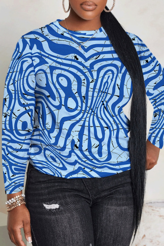 Blue Graphics Print Round Neck Long Sleeve Fall Winter Sweatshirt Tops