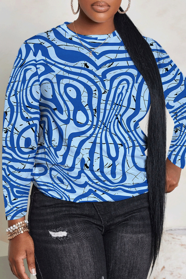 Blue Graphics Print Round Neck Long Sleeve Fall Winter Sweatshirt Tops