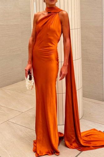 Red Sleeveless Irregular Formal Evening Party Prom Sash Halter Maxi Dresses