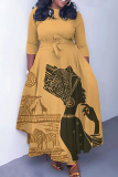 Khaki African Graphics Print O Neck 3/4 Sleeve Strap Design Belted Floor Length Plus Size Vacation Loose A Line Maxi Dress