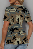 Grey Camouflage Print V Neck Short Sleeve Slit Casual Oversize T-Shirts