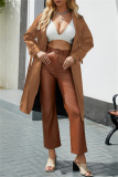 Off White Belted Turndown Collar Long Sleeve Casual Long Loose Jacket Pu Leather Windbreaker