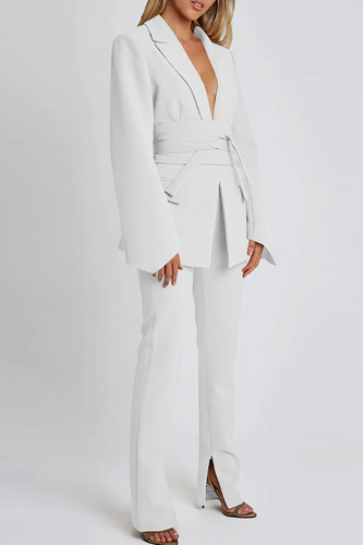 White Turn-back Collar Long Sleeve Belted Blazer Jackets And Pants Casual Two Pieces Suit Sets