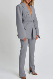 White Turn-back Collar Long Sleeve Belted Blazer Jackets And Pants Casual Two Pieces Suit Sets