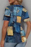 Blue Khaki Faux Denim Print V Neck Short Sleeve Slit Casual Oversize T-Shirts