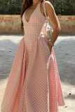 Pink Plaid Print Sleeveless Backless Lace Up Pleated Halter Maxi Dresses