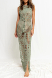 Khaki Draw String Slit Tassel Knitted Crochet Swimwears Cover Up